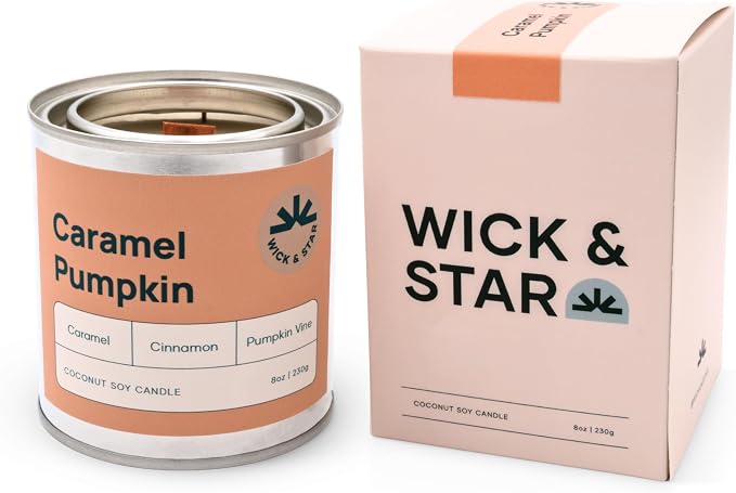 Wick & Star Vegan, Wood Wick, Natural Coconut Soy Wax Aromatherapy Candle, Clean Burning (Caramel Pumpkin)