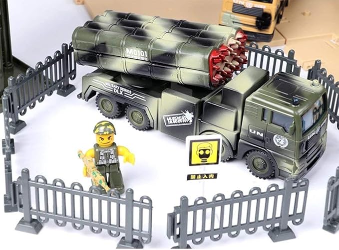 Military Vehicles and Army Battle Site Set with Storage Container, 6 Vehicles, Scout Tower, Missile Truck, Tank (Military-playsets)