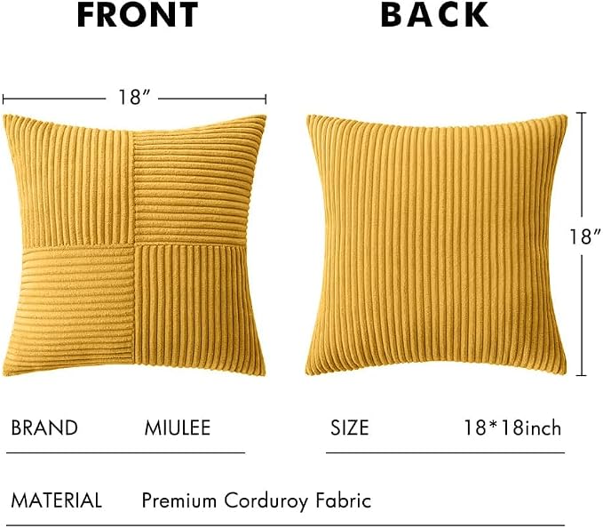MIULEE Mustard Yellow Decorative Throw Pillow Covers for Couch 18x18 Inch | 2 Pack, Boho Farmhouse Pillow Covers, Soft Cross Corduroy Patchwork Textured Cushion Cases For Bed Sofa