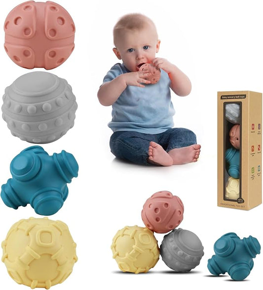 4 Pack Sensory Balls for Baby,Baby Balls Easy Grape Soft Textured Ball Set,Infant Squeeze Sensory Toys,Sensory Exploration Toys Gift for 6-12 Months