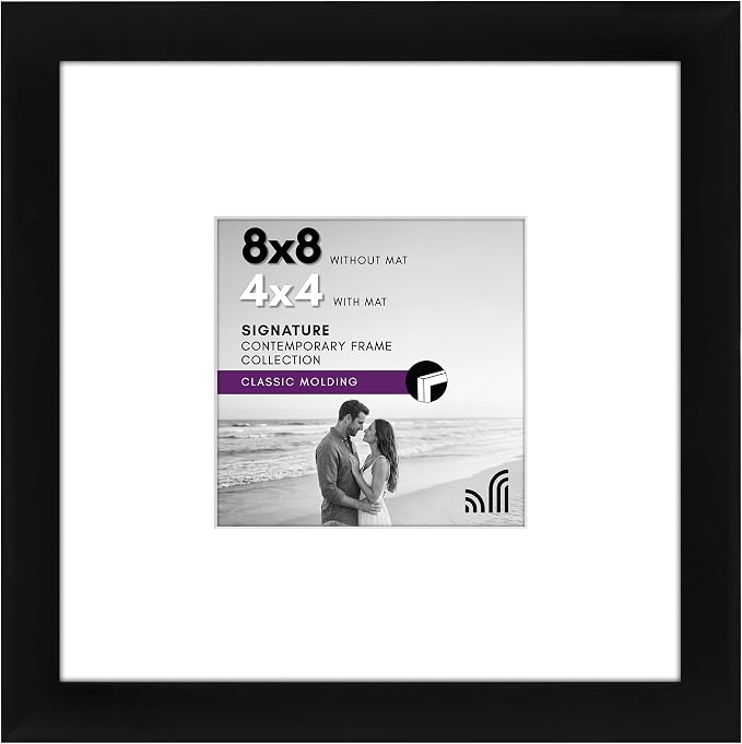 Americanflat 8x8 Picture Frame with Shatter-Resistant Glass - Use as 4x4 Frame with Mat or Display 8x8 Photo Without Mat - Signature Collection - Square Frames for Tabletop and Wall Display - Black | Shatter-resistant glass, wall or tabletop display wi...