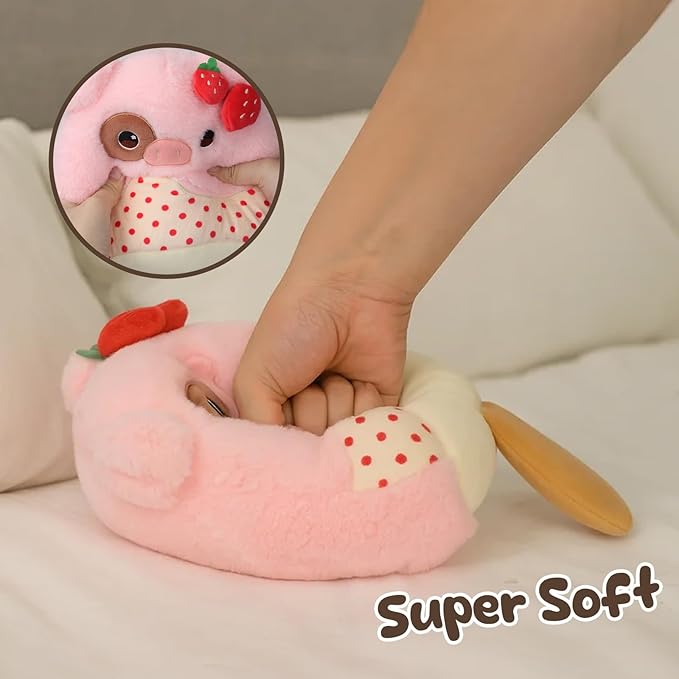 Strawberry Ice Cream Plush Pillow with Adorable Pig Topping Soft Cuddly Stuffed Animal Toy for Kids Birthday Gift for Boys and Girls