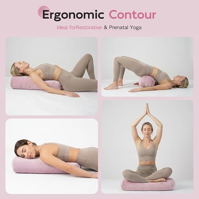 Yoga Bolster Pillow, Curved Wedge for Deep Stretch & Prenatal Support, 25"×12"×5", Sponge Bead-Cotton Filling, Velvet Cover with Zipper & Handle for Yoga, Meditation & Pilates (Light Pink)
