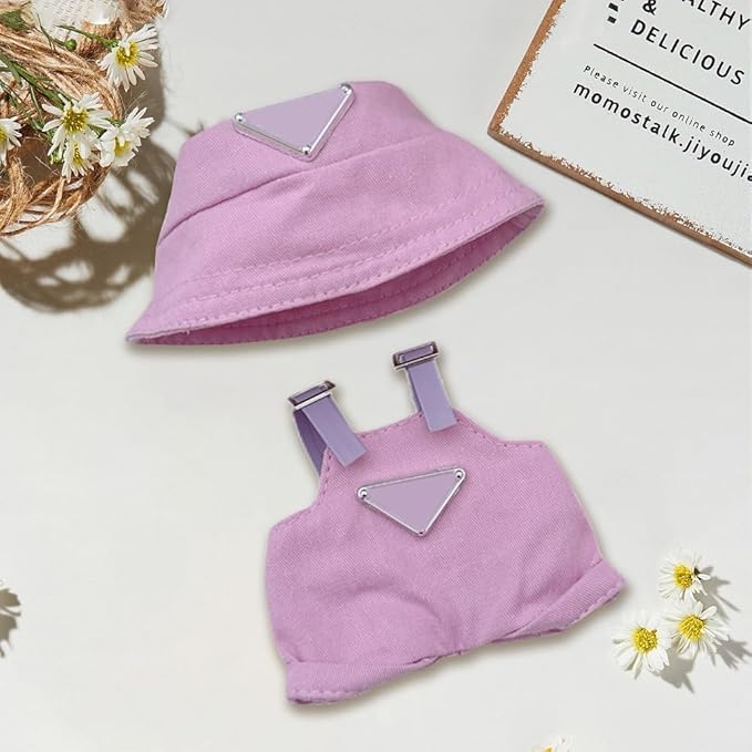 Clothes for Labubu(NO Doll) , Hat & Overalls Set for Labubu Clothes 15cm/17cm Dolls Accessories Suit, Doll Outfit Stylish Clothes(Style Pink)