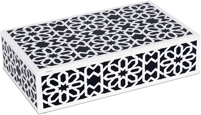 Handicrafts Home Small Decorative Storage Box with Lid, Black White Persian Tile Keepsake Box, Moorish Rosette Trinket Box for Jewelry, Desk Organizer & Coffee Table Decor, Shiraz 8 x 5 x 2