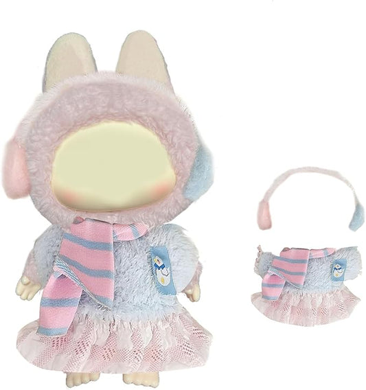 Macaron Sweetheart Set for Labubu Dolls, Pastel Blue & Pink Outfit with Earmuffs Scarf for Popmart Blind Box, Cute Clothes Accessories for labubu Outfits.