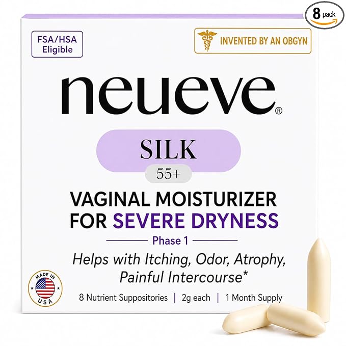 NeuEve Silk Vaginal Moisturizer for Menopause Relief | Long-Lasting Support for Women 55+ with Severe Dryness, Itching, Odor, & Irritation | All-Natural Hormone-Free | Phase 1 | 8ct, 1-Month Supply