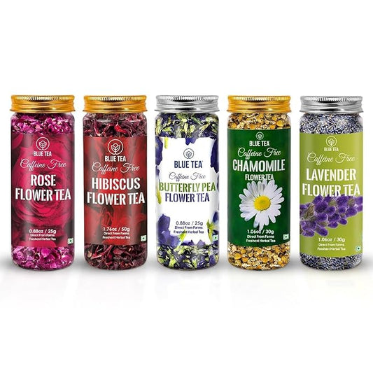 BLUE TEA - Flower Tea Combo - 5.64 Oz (Pack of 5) | Butterfly Pea, Rose, Hibiscus, Chamomile, Lavender | VARIETY PACK | Caffeine Free - Non-Bitter - Herbal Tea - Flower Based | Pet Jar Pack