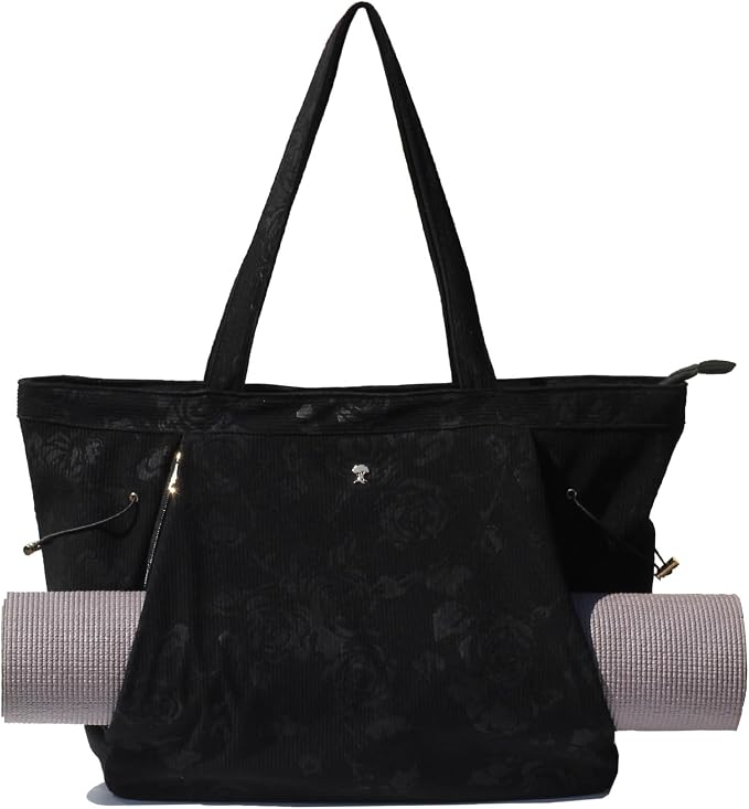 ESVAN Corduroy Yoga Tote Bag Gifts for Women Drawstring Yoga Mat Bag for Office Workout Travel Carryall Pilates Gym