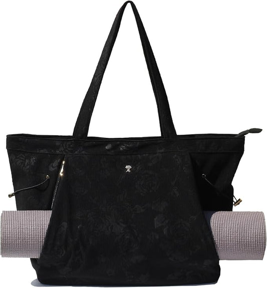 ESVAN Corduroy Yoga Tote Bag Gifts for Women Drawstring Yoga Mat Bag for Office Workout Travel Carryall Pilates Gym