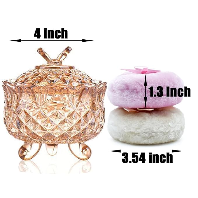 Luxury 4 Inch Glass Powder Container with 2 Soft 3.5" Puffs, puff Jar,Loose Powder Storage,Easter Gifts for Women(Butterfly-Amberl)