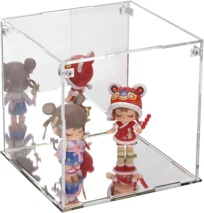 Self-Assemble Acrylic Display Case with Mirrored Back, Clear Action Figure Storage Display Box with Mirrored Base Stand, Cube Storage Containers for Home Office Collectibles, 6x6x6Inch