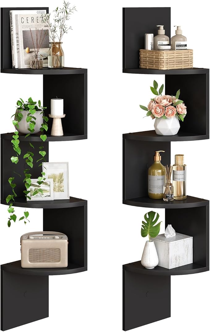 HOOBRO Corner Shelf Wall-Mounted, Set of 2 Floating Corner Shelves for Wall, 4-Tier Corner Bookshelves for Living Room, Bedroom, Bathroom, Home Office, Black BK25BJP201