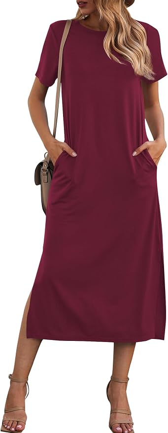 Naggoo Women's Casual T Shirt Midi Dress with Side Slit and Pockets