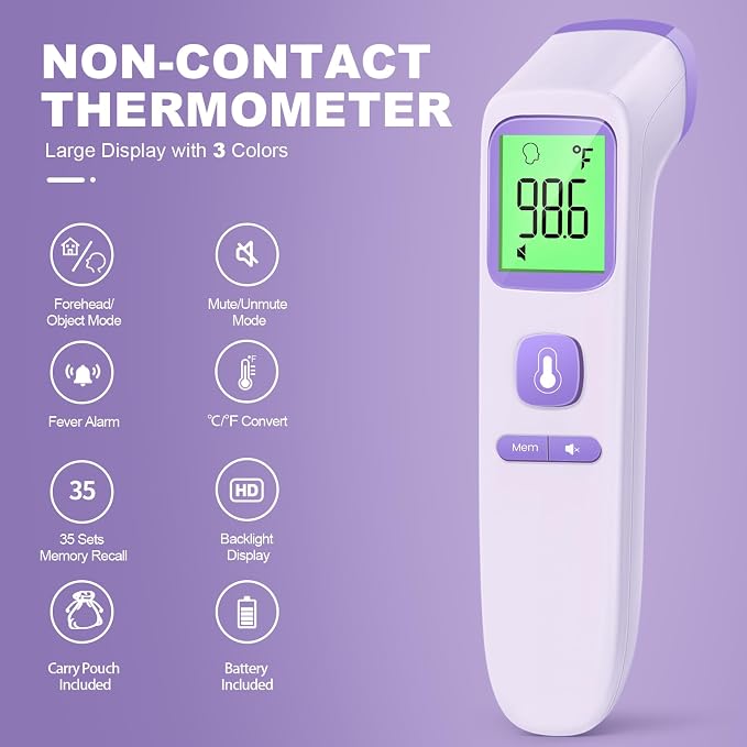 GoodBaby No-Touch Thermometer for Adults and Kids, Digital Health Thermometer with Fever Alarm, 1 Second Result, Accurate & Easy to use, Purple