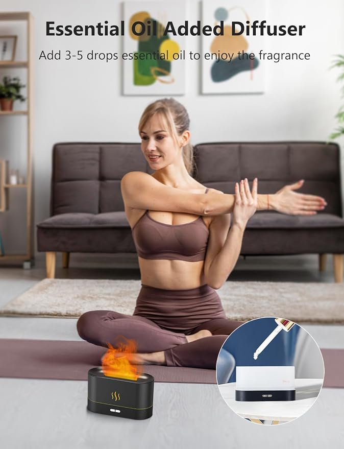 PIZAY Essential Oil Diffuser, Air Humidifier with Flame Led Light - 7 Colors, 180mL Capacity (8 Hours), Noiseless Operation, Auto-Off Protection - Perfect for Home Bedroom Office Gifts(Black)