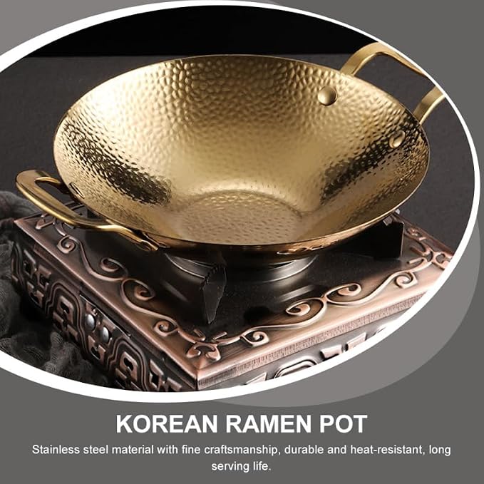 Double Handle Hammered Griddle Korean Pot Ramen Pot Stainless Steel Pan Cooking Tool