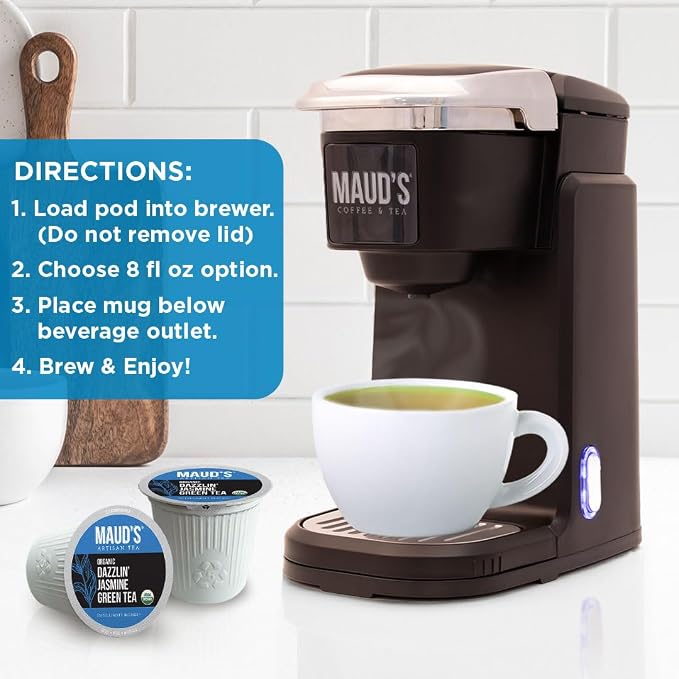 Maud's Organic Jasmine Green Tea Pods, 24 ct, Single Serve Tea Pods – 100% Gourmet Blended Tea Leaves, Compatible with Keurig K Cups Maker
