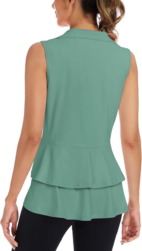 Women's Golf Vest with Pleated Tennis Skirt Hem Lightweight Full Zip Sleeveless Athletic Shirts with Pockets