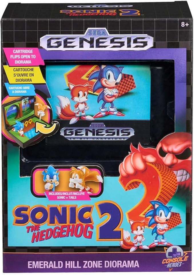 Sonic The Hedgehog 2 Collectible Diorama Playset – Mini Sonic & Tails Figures with Emerald Hill Zone Scene – Retro SEGA Genesis Cartridge