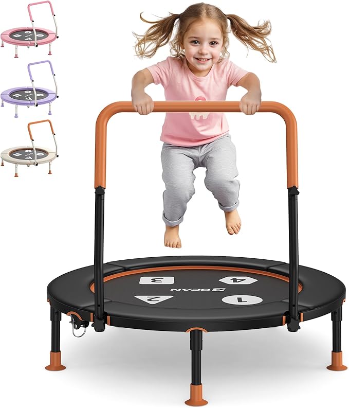 BCAN BT1 36'' Toddler Trampoline, ASTM Certified-Foldable Mini Trampolines for Kids Ages 1-6, Adjustable Handle, Safety Pad & Foldable Legs, Baby Trampoline Indoor/Garden, Gift for Boy and Girl