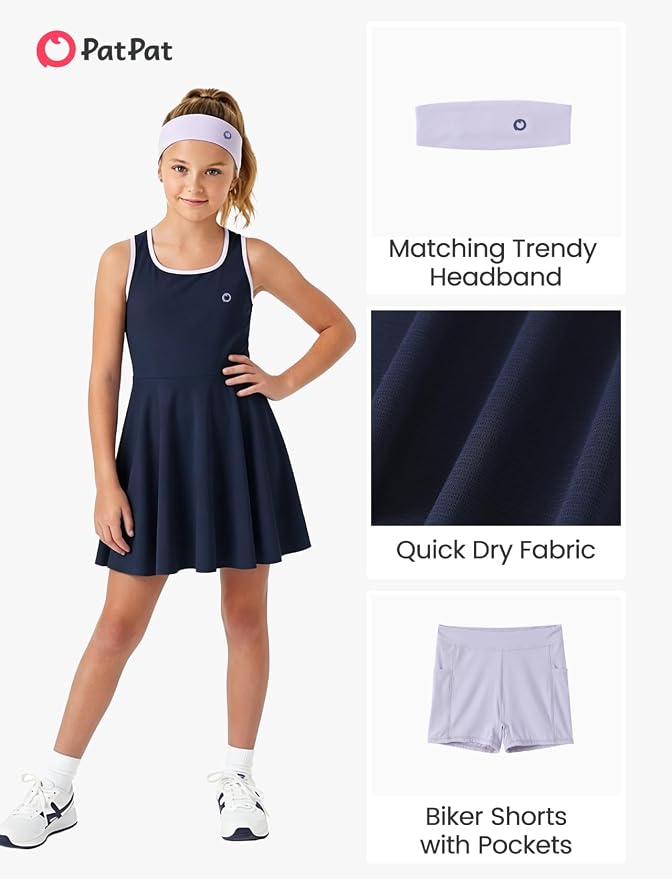 PATPAT Girls Athletic Dress Tennis Summer Outfit with Headband & Shorts | Quick-Dry RapidAir-C Fabric, Lightweight Breathable Golf Dress, Sweat-Wicking 2 Piece sets, Two Hidden Pockets