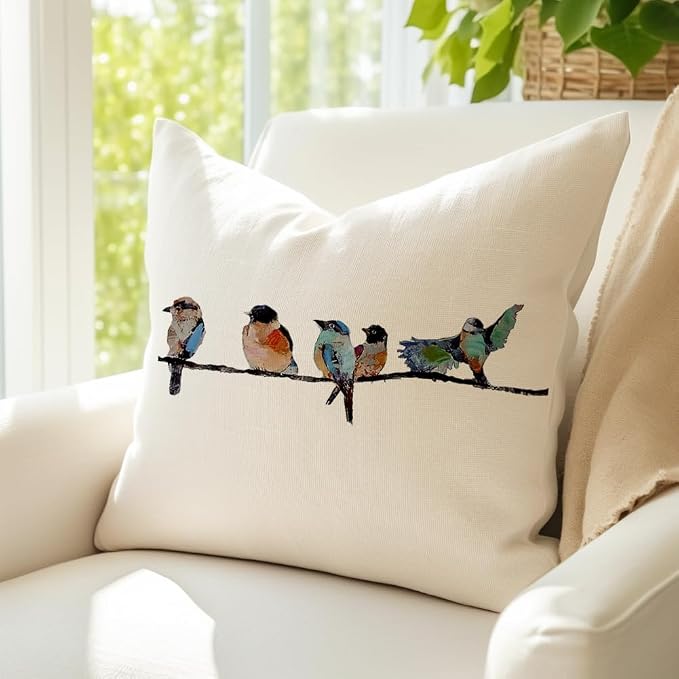 RABUSOFA Outdoor Birds Pillow Covers 20x20 Inch,Lumbar Small Throw Pillows for Couch,Spring Summer Hand-Painted Pillowcases,Teal Blue Pillows Decorative Throw Cushion Covers Cotton Linen for Sofa
