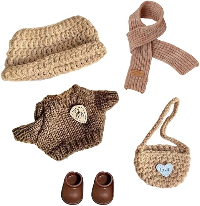 5 Pcs-17cm Doll Rabbit Bunny Clothes Autumn Spring Sweater ,Winter Warm Sweater+Hat+Scarf+Hand Bag+Shoes,Fashionable Outfit for Dress up, Doll Costume Cosplay Fashion Dresses -Brown