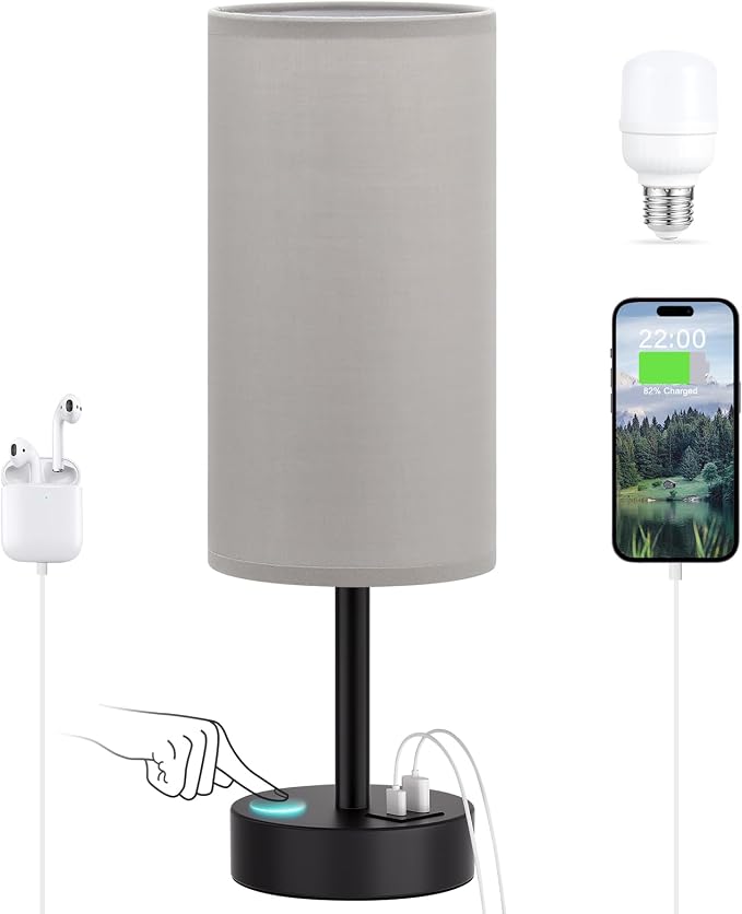 Dicoool Grey Touch Bedside Lamp with USB - 3 Way Dimmable Table Lamp for Bedroom, Nightstand Lamp with Black Charging Station for Desk Dorm, Office, Boy Kids Room, Small