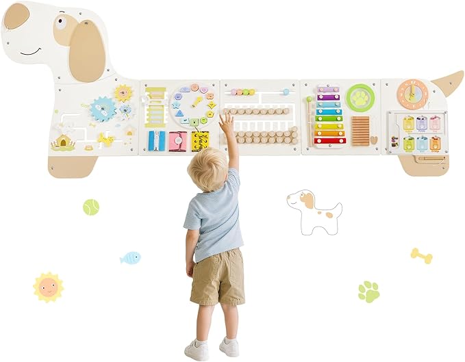 Wooden Dog Sensory Wall Panel, Montessori Wall Busy Board, Toddler Learning Activity Center, Educational Montessori Toys for for Kids Room, Preschool & Daycare