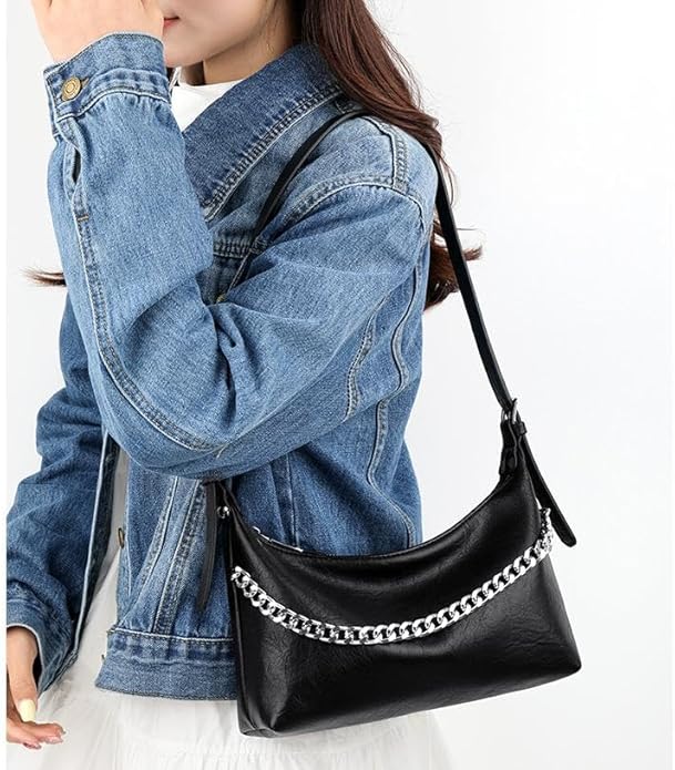Women Shoulder Bag PU Leather Classic Trendy Purse with Adjustable Strap Chain Decoration