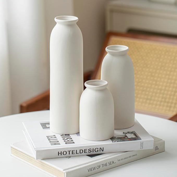 Ceramic Vase Set-3, Small Flower Vases for Decor, Modern Boho Farmhouse Style, 10.3 Inch Tall, Bisque White Color, Decorative Vases for Pampas Grass, Dried Flowers and Fresh Flowers (L Natural White)