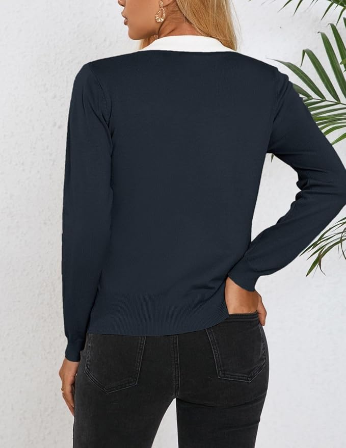 Women's Long Sleeve Classic V Neck Casual Fall Winter Polo Sweater Tops | Basic Collared Knitted Fashion Work Business Formal Daily Wear Versatile Pullover Shirts
