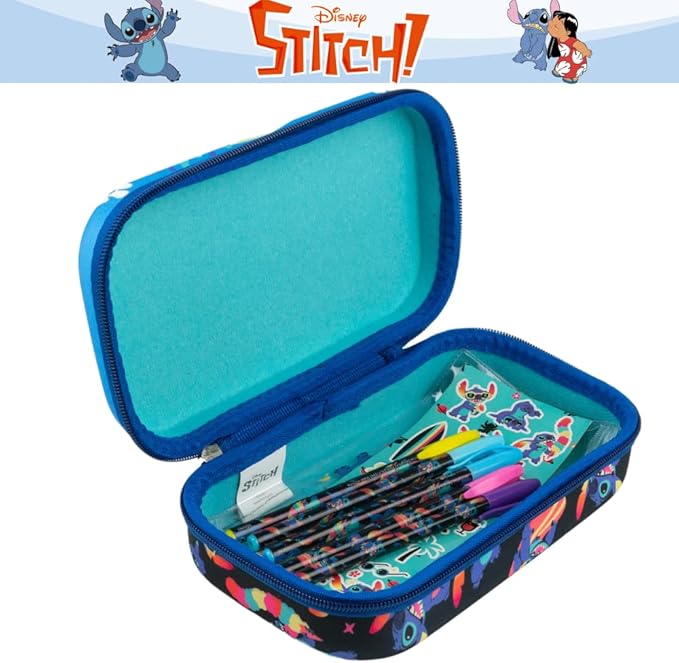 Innovative Designs Disney Stitch Pencil Case Set with Stickers and Gel Pens for Kids, Molded with Zip Closure, Blue