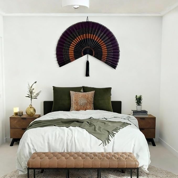 ChumDecor Bamboo Fan Wall Decor, Japanese Wall Fan Decoration, Ebony 40 in | Large Oriental and Asian Style Hanging Decoration for Above the Bed Headboard Dresser or an Empty Living Room Space