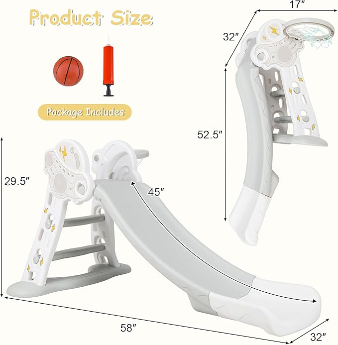 INFANS Toddler Slide, 4 in 1 Indoor Kids Slide Wave Slideway Max Load 330lb for Age 18+ Months with Basketball Hoop Ball, Outdoor Climber Freestanding Playset, Sturdy Plastic Playground Toy