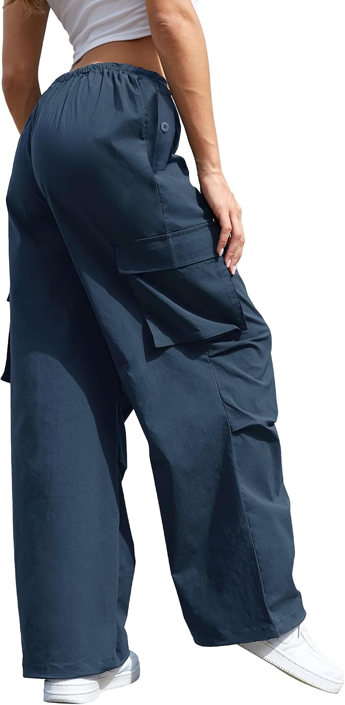 COPYLEAF Cargo Pants Women Low Waisted Parachute Pants with Pockets Loose Baggy Hiking Pants Y2K Clothes