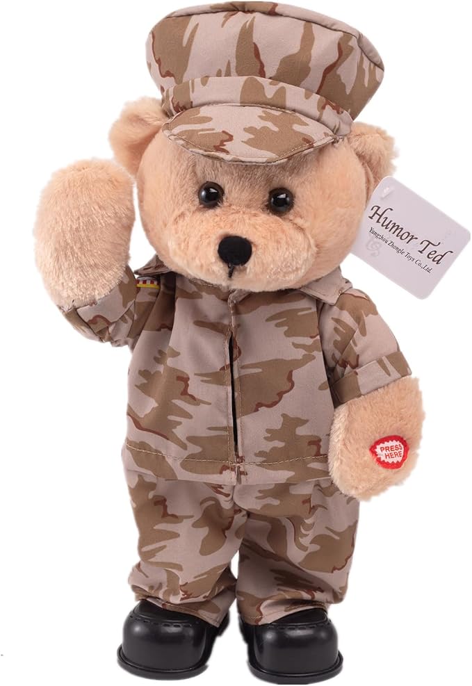 Children's Idol Military Hero Teddy Bear Stuffed Animals Singing Dancing Teddy Bear Stuffed Animal, US Army Theme Music Plush Toys,Independence Day Soldier Memorabilia Gifts for Kids 14"(Desert Army)