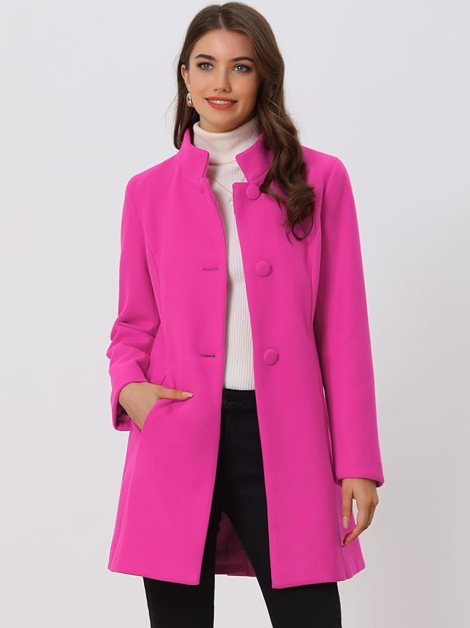 Allegra K Women's Winter Overcoat Mid-Long Stand Collar Single Breasted Coat Outerwear