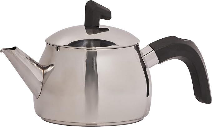 Karaca Belinay Teapot Set Silver Black, Medium Teapot, 18/10 Stainless Steel, Teapot/Lid (1 lt, 2.20 lb), Tea Kettle (1.6 lt, 3.5 lb), Suitable for Induction