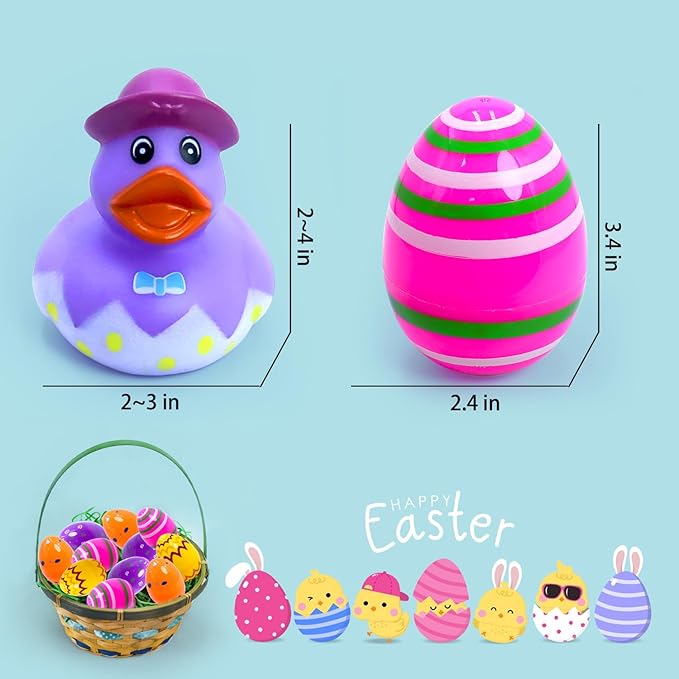 24 Pcs Easter Eggs with Rubber Duck Toys for Kids, Colorful Easter Eggs Filled with Assorted Bunny Rabbit Duckies for Fun Rubber Bath Toys, Easter Basket Stuffers and Party Favors