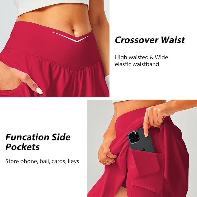 Womens Tennis Skirt Crossover High Waisted Skort with Pockets Shorts | Athletic Skirts for Golf Running Workout Pickleball, Aesthetic Activewear, Sporty Athleisure Style