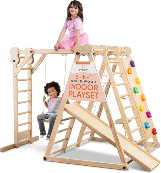 Avenlur 8-in-1 Indoor Play Gym – Toddler Jungle Gym for Kids Ages 2–6 – Indoor Playground Wooden Climbing Playset with Slide, Monkey Bars, Ladder, Rope Ladder, Rock Climbing, Swing, Rings, Disc Swing