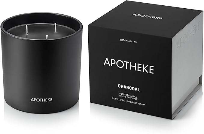 Apotheke 3-Wick Scented Candles for Home, Charcoal - 26 oz Soy Wax Jar Black Candle Gift for Women - Long-Lasting Fragrance with Perfume-Grade Essential Oils - Cedarwood, Sandalwood, Oud & Amber