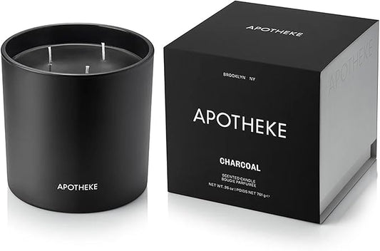 Apotheke 3-Wick Scented Candles for Home, Charcoal - 26 oz Soy Wax Jar Black Candle Gift for Women - Long-Lasting Fragrance with Perfume-Grade Essential Oils - Cedarwood, Sandalwood, Oud & Amber