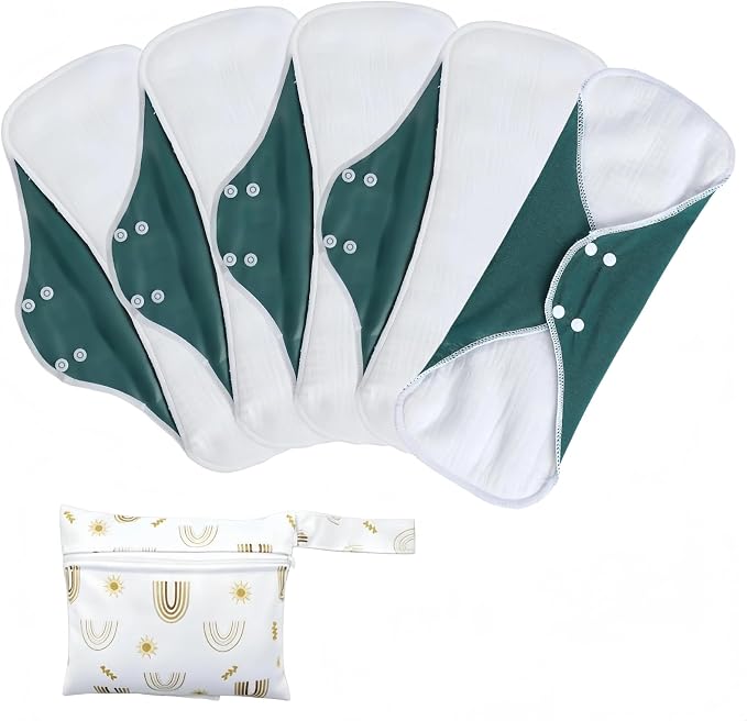 Washable Menstrual Pads,Reusable Incontinence Pads,Cloth Pads Sanitary Napkins,with 1 Storage Bag,Panty Liners/Cotton Pads Period for Women/Postpartum/Incontinence Patients(Dark Green/M/5pcs)