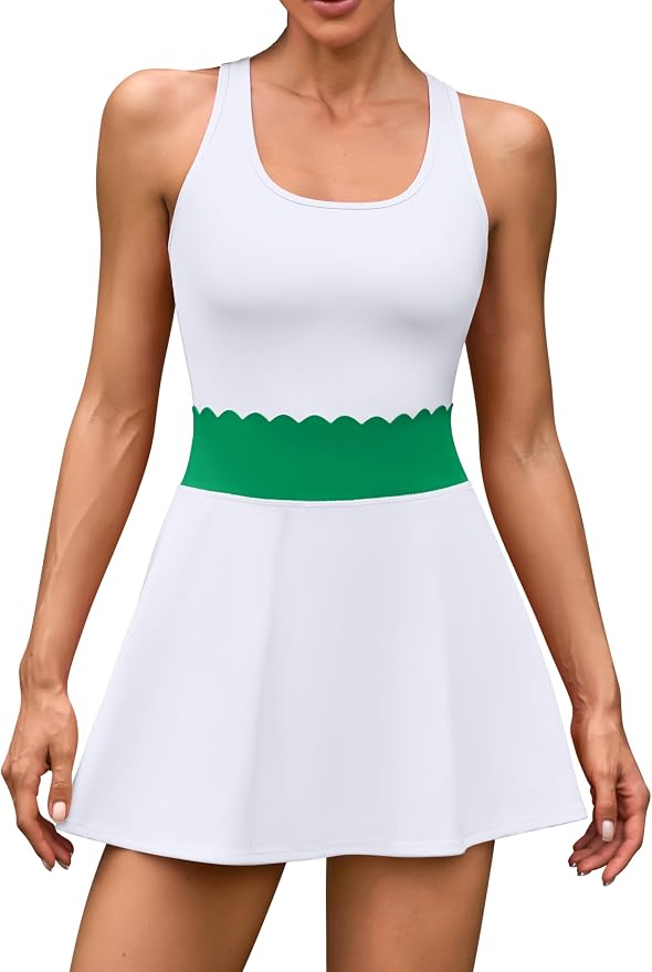 ATTRACO Tennis Outfits for Women Racerback Golf Dress Workout Dress | Athletic Skirt Set, Built-in Shorts, 2 Pockets, Scalloped, Racerback, High Waisted, Pickleball, Workout Set