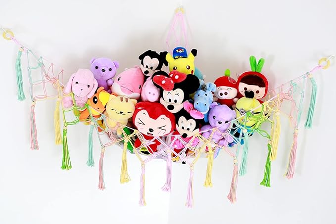 Large Stuffed Animal Net Toy Hammock Corner XL Hanging Net for Plush Toy Holder Boho Macrame Toy Display Stuffed Animal Storage Organizer for Kids Room, Nursery