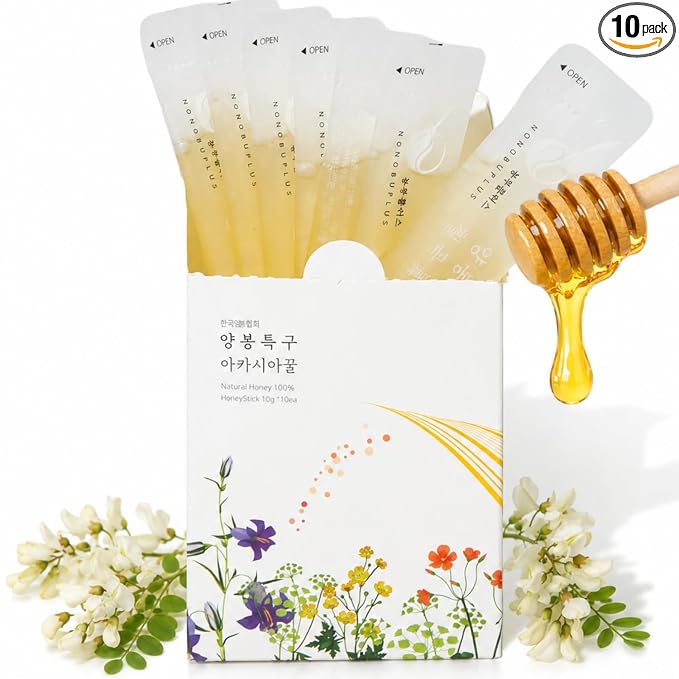 Korean Food Nongbu Plus Acacia Honey Sticks, Single-Serve 10g x 10 Pack | Pure Korean acacia honey in convenient single-serve sticks with mild floral sweetness for snacks, tea, or travel.