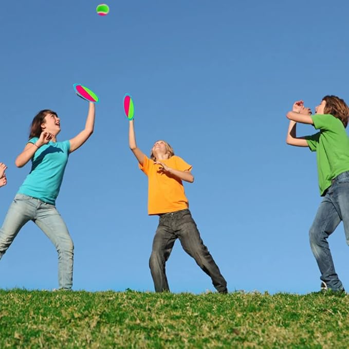 Toss and Catch Ball Set, Outdoor Games, Beach Games for Kids, Toss Ball and Catch Game Set for Kids/Family (6 Paddles, 3 Balls and 1 Storage Bag) (Pink-Green)